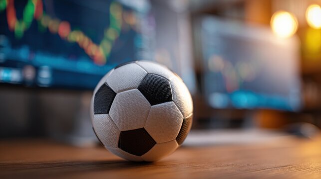 Soccer ball with financial charts background displaying stock market data, business concept image