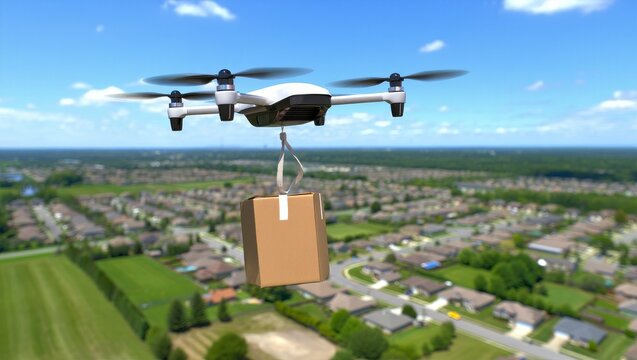 Close-up of a white quadcopter drone carrying a brown cardboard package flying over a blurred suburban neighborhood under a blue sky with bright natural light
