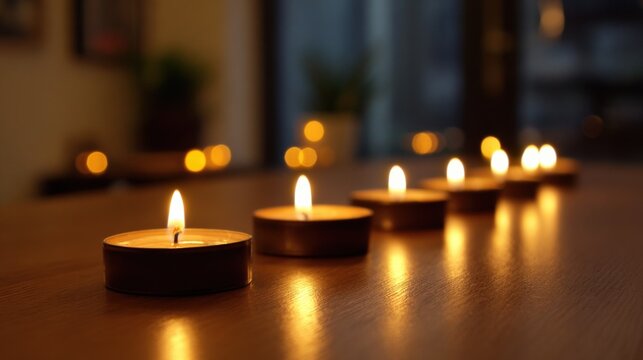 Warm Glow: Line of Tea Light Candles Illuminating a Wooden Surface in a Darkened Room - Powered by Adobe