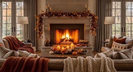 Cozy autumn living room with a fireplace, decorated for Thanksgiving with warm colors