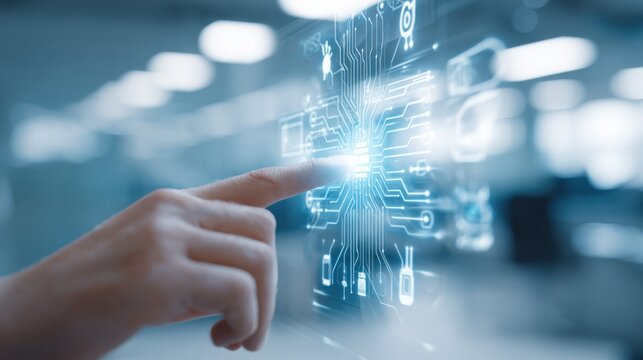 Human Finger Touching Futuristic Digital Interface with Glowing Icons Representing Technology and Connectivity