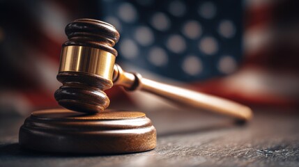 Gavel Resting on Sound Block in Courtroom Setting with Flag Backdrop