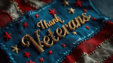 Detailed Embroidered Patriotic Fabric with “Thank Veterans” Message