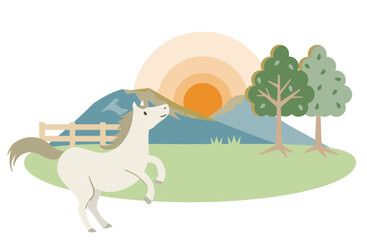 立ち上がって日の出(日没)を見る白馬のイラスト