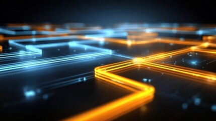 Abstract technological network of glowing blue and orange lines, symbolizing data transmission and connectivity on a dark surface