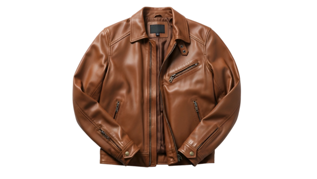 A flat-lay image of a brown leather jacket with zipper details and a minimalist label
