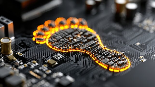 Glowing Orange Digital Footprint on High-Detail Electronic Circuit Board