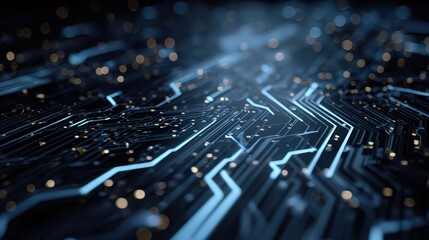 Electronic Circuit Board Lines with Blue Light and Golden Bokeh Background