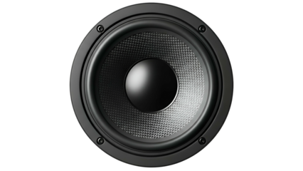 Close-up of a black loudspeaker driver, focused centrally against a dark background