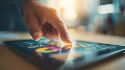 Close-up of hand interacting with tablet displaying data analytics and financial charts for business insights
