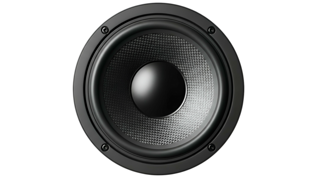 Close-up of a black loudspeaker driver, focused centrally against a dark background