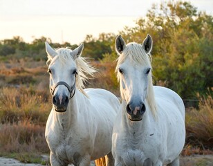 Obraz premium Two white equines stand side-by-side, bathed in the warm light of dusk. The animals gaze directly at the viewer with serene eyes