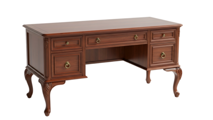 Elegant, ornate wooden desk with drawers and brass hardware against a black background