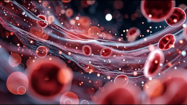 Basophil. White blood cell. Hematology. Medical science health. A detailed view of red blood cells flowing in a blood vessel.