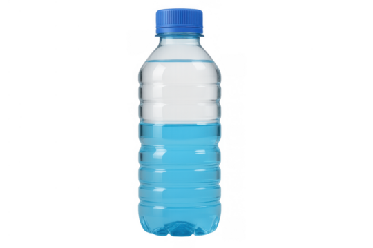 Plastic sports drink bottle with blue cap and label area, hydrating beverage for energy and refreshment, transparent background