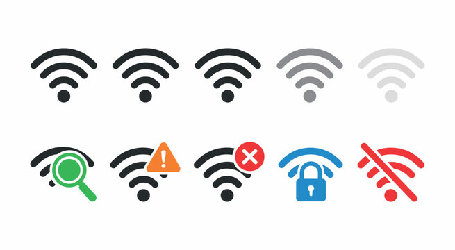 Wi-Fi Symbol and Indicator Vector Set. Full, Weak, Error, Security, and No Connection Status Icons