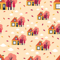 Fototapeta premium Colorful seamless pattern with a house and autumn trees.Autumn with leaves.Vector illustration