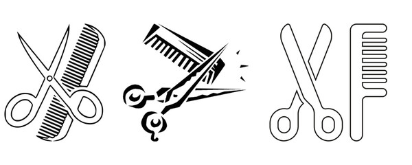 A set of three graphic illustrations featuring hairdressing tools, scissors and combs, isolated on a white background.