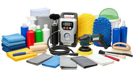 Automotive detailing supplies arranged on a black backdrop, showcasing a range of tools and cleaners