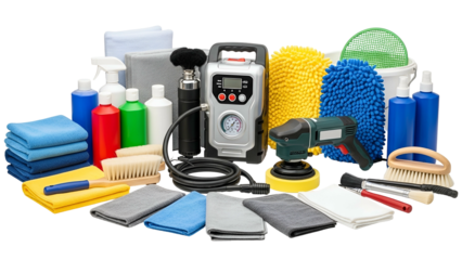 Automotive detailing supplies arranged on a black backdrop, showcasing a range of tools and cleaners
