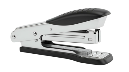 Shiny metallic stapler with a black grip, isolated on a dark background