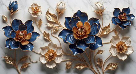 Luxurious Marble Background with 3D Sculpted Flowers, 3D Floral Wallpaper, 3D Wall Mural, 3D Floral Background.	