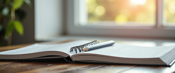 Open spiral notebook with pencil on wooden desk by sunlit window