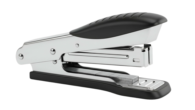 Shiny metallic stapler with a black grip, isolated on a dark background