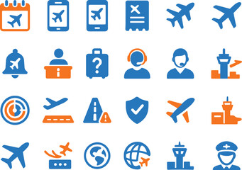 Fototapeta premium Comprehensive collection of airport and aviation icons in blue and orange representing various travel operations