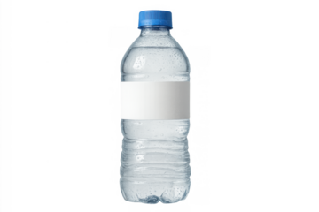 Water bottle with blue cap and blank label, refreshingly healthy drinking for hydration on transparent background