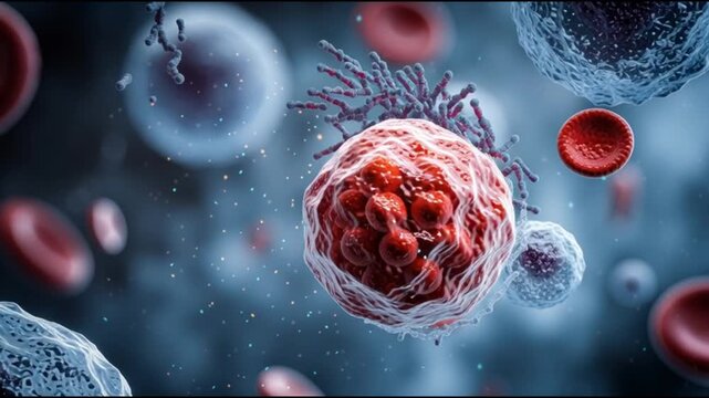 Basophil. White blood cell. Hematology. Medical science health. Illustration of blood cells and immune cells in a microscopic view.
