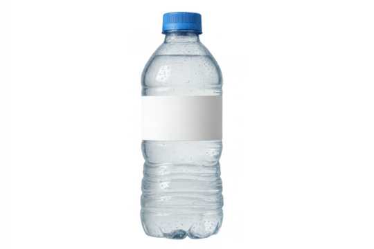 Water bottle with blue cap and blank label, refreshingly healthy drinking for hydration on transparent background