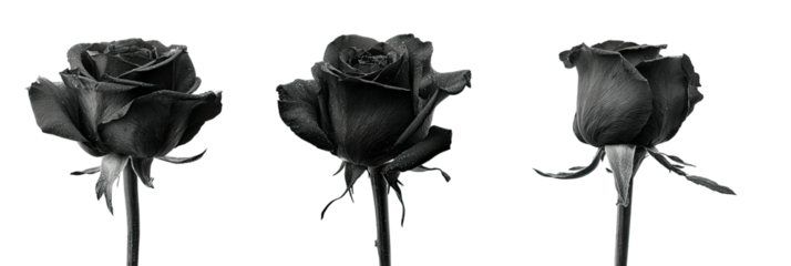 Three roses in varying stages of bloom are isolated on a black background, in monochrome