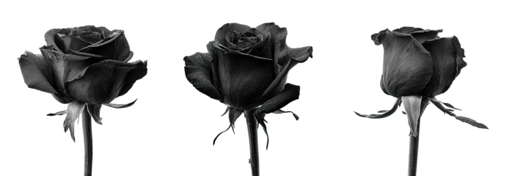 Three roses in varying stages of bloom are isolated on a black background, in monochrome