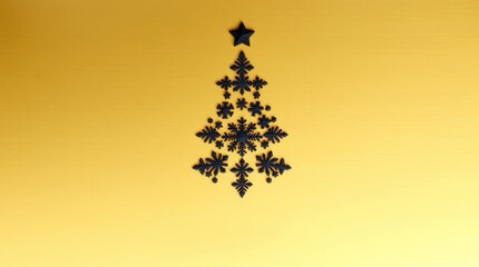 Minimalist Christmas Tree Made of Black Snowflakes on Smooth Golden Texture. Upscale Holiday Greeting_10
