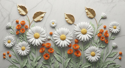 Luxurious Marble Background with 3D Sculpted Flowers, 3D Floral Wallpaper, 3D Wall Mural, 3D Floral Background.	
