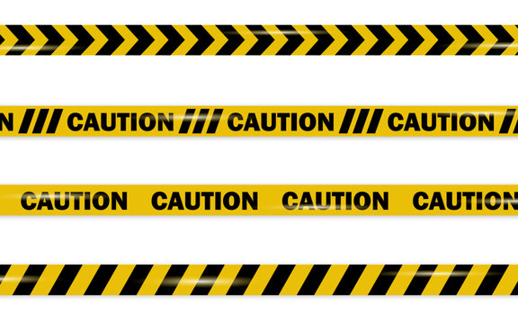 Yellow caution tape set with bold black lettering isolated on transparent background