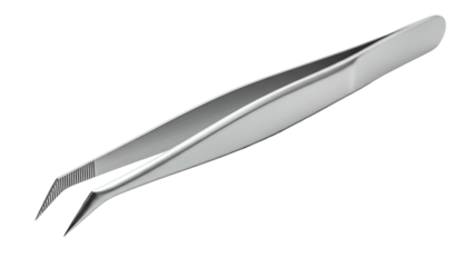Angled, metallic tweezers against a black background. Used for plucking, grooming or handling small objects