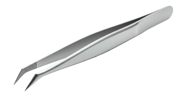 Angled, metallic tweezers against a black background. Used for plucking, grooming or handling small objects