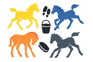 Vibrant collection of running foals and essential horse care equipment elements