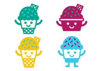 Four cute colorful smiling dessert characters with sprinkles and waffle cones