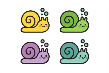 Set of four smiling cartoon snails with bright yellow, green, purple, and teal shells
