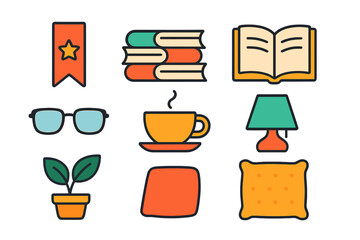 Cozy reading and studying items: books, coffee, eyeglasses, lamp, and houseplant