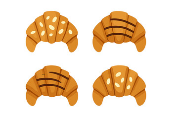 Set of four delicious golden brown French croissants with various toppings
