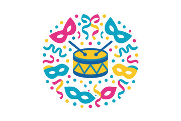 Vibrant carnival celebration border with drum, masquerade masks, and falling confetti