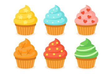 Six brightly colored dessert muffins topped with whipped cream and sprinkles