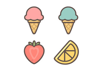 Colorful summer treats including ice cream cones, strawberry, and lemon slice