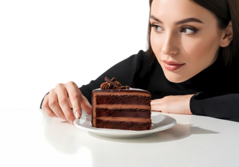 Elegant woman admires decadent chocolate cake slice