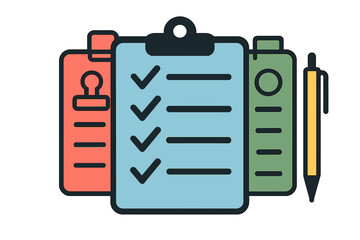 Colorful clipboards showing a completed checklist and pen for successful business planning and task management