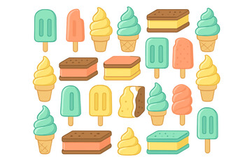 Colorful seamless pattern of frozen desserts: popsicles, soft serve cones, and ice cream sandwiches